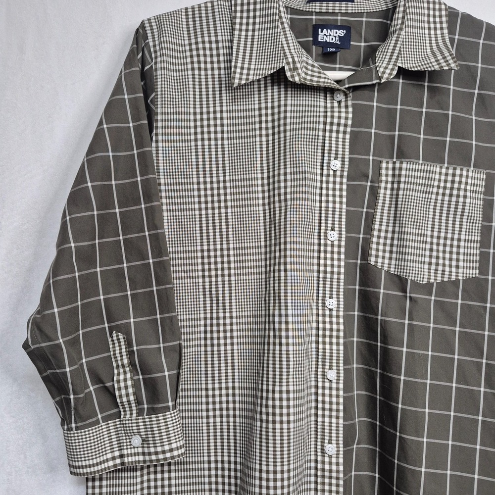 Lands End No Iron Supima Cotton Mixed Plaid Button Down Shirt Olive Green 12P - Picture 3 of 8